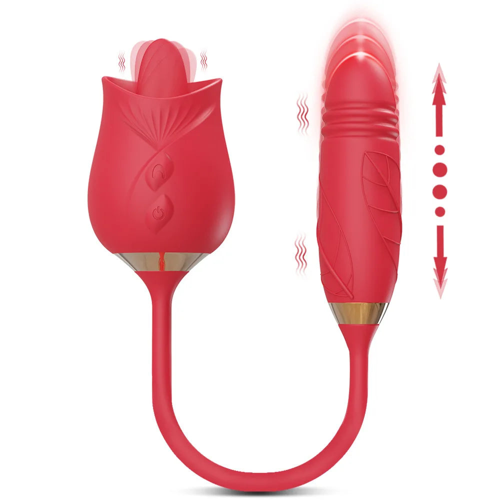 2in1 Rose Vibrator Toy for Women Clitoral Licking Vibrator G-spot Thrusting Dildo Clit Nipple Tongue Vibrater Female Couple Sex