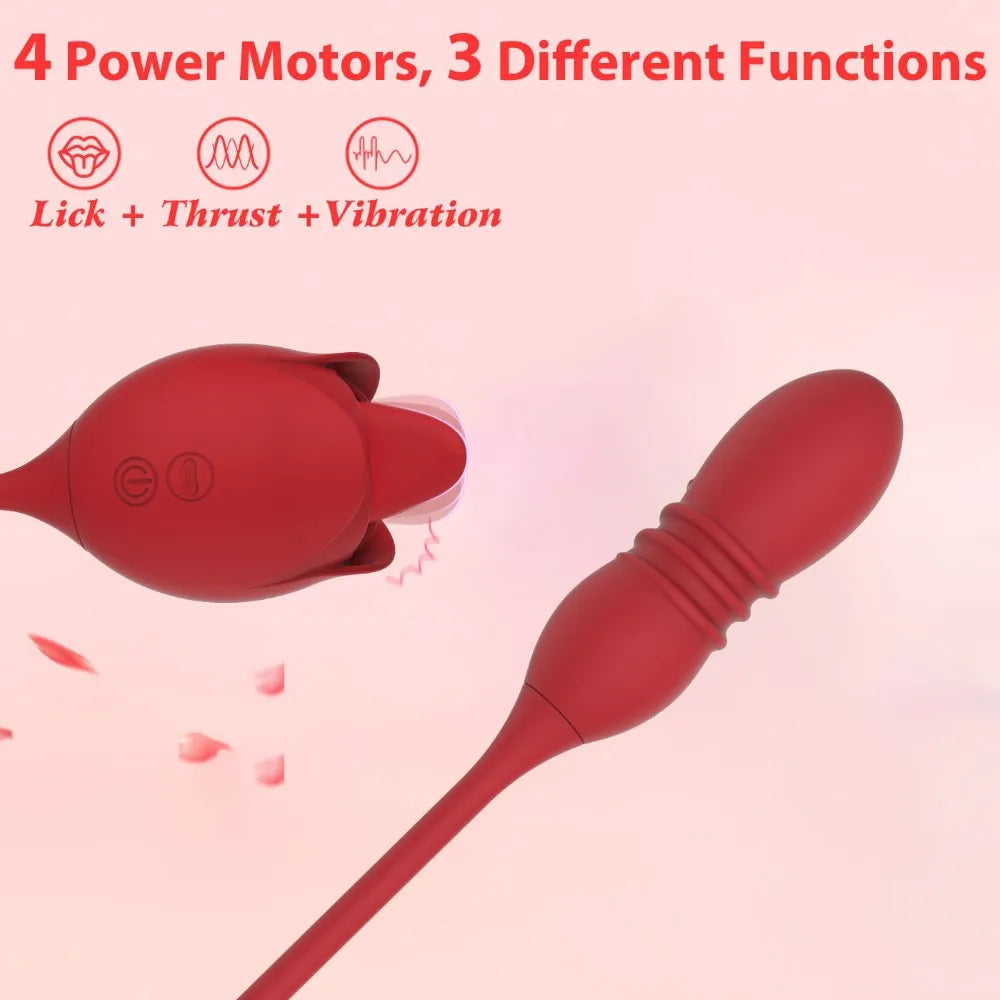 2in1 Rose Vibrator Toy for Women Clitoral Licking Vibrator G-spot Thrusting Dildo Clit Nipple Tongue Vibrater Female Couple Sex