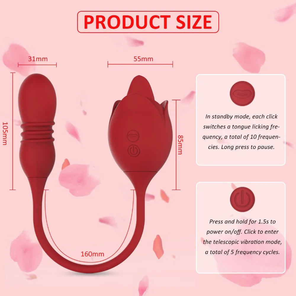 2in1 Rose Vibrator Toy for Women Clitoral Licking Vibrator G-spot Thrusting Dildo Clit Nipple Tongue Vibrater Female Couple Sex